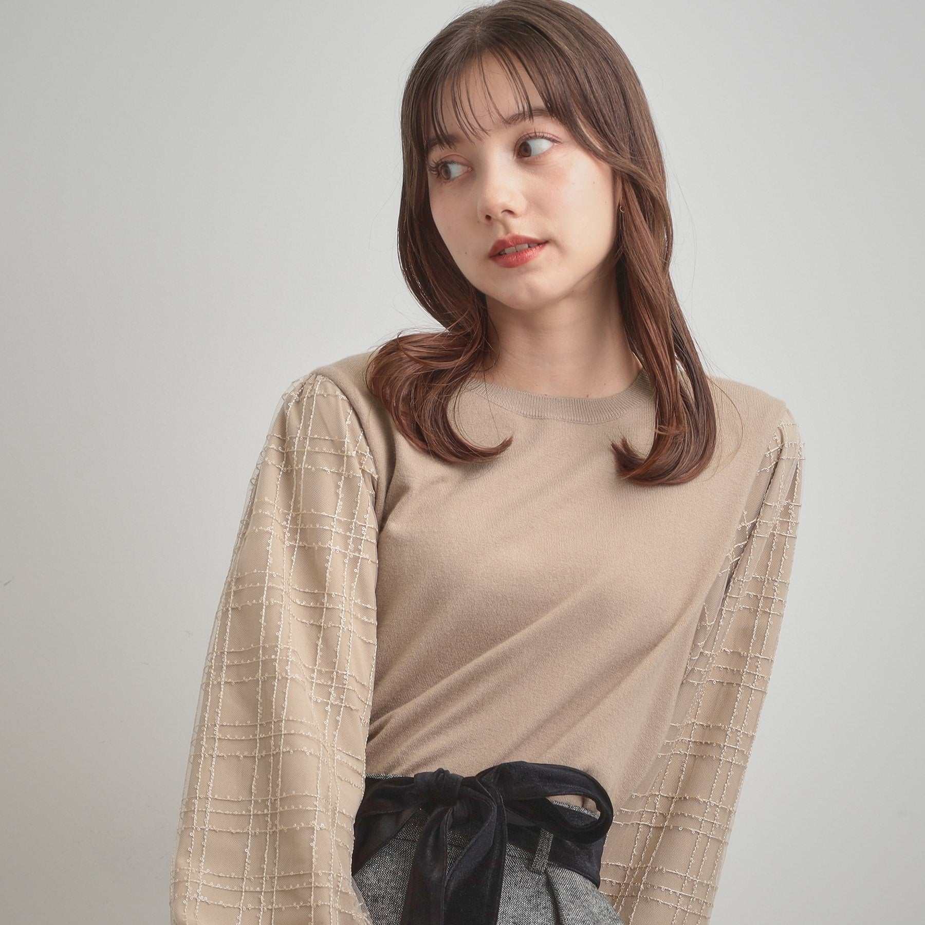 クチュール ブローチ Couture Brooch 袖チェックチュールドッキングニット （ピンクベージュ(053)） ピンクベージュ(053)