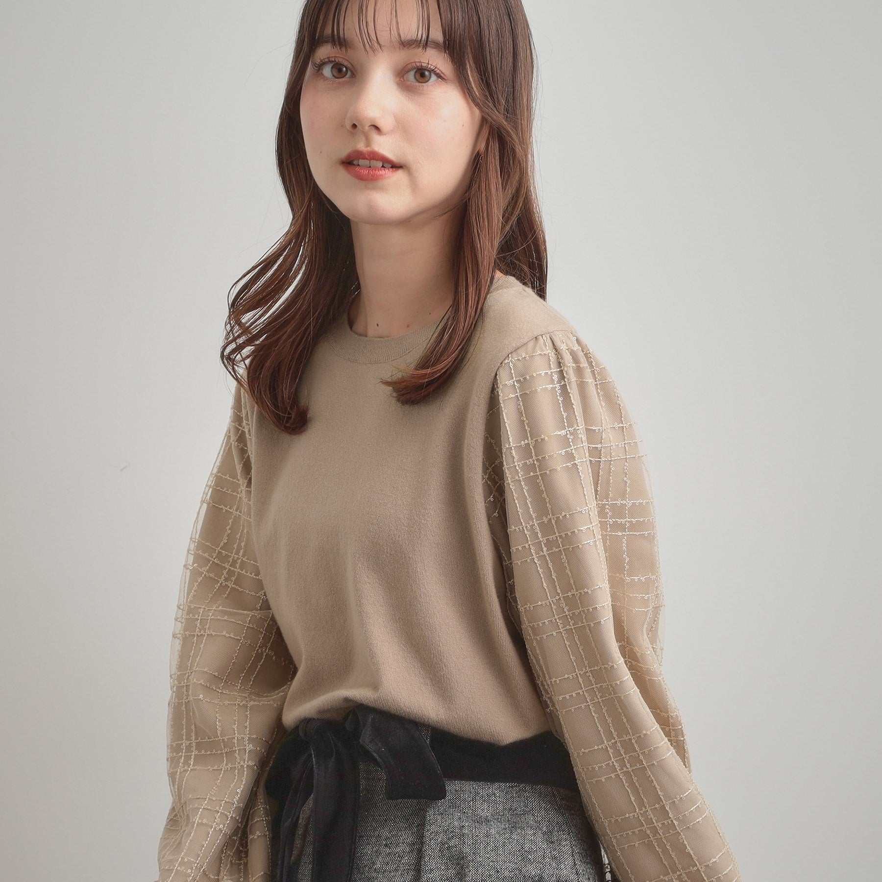 クチュール ブローチ Couture Brooch 袖チェックチュールドッキングニット （ピンクベージュ(053)） ピンクベージュ(053)