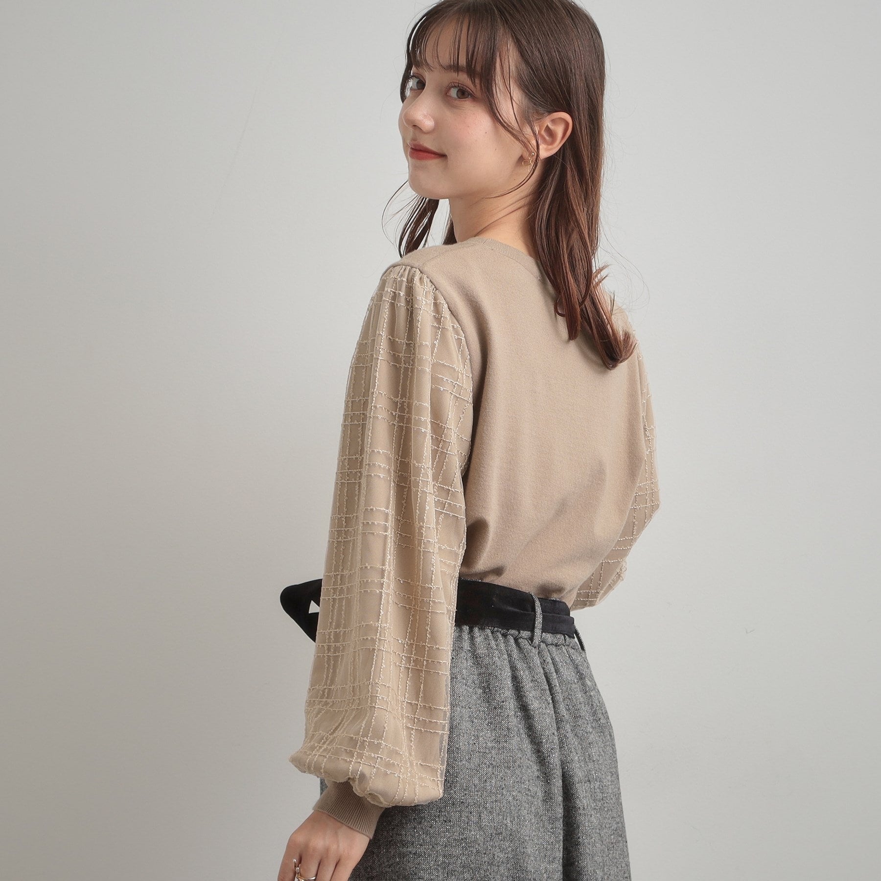 クチュール ブローチ Couture Brooch 袖チェックチュールドッキングニット （ピンクベージュ(053)） ピンクベージュ(053)