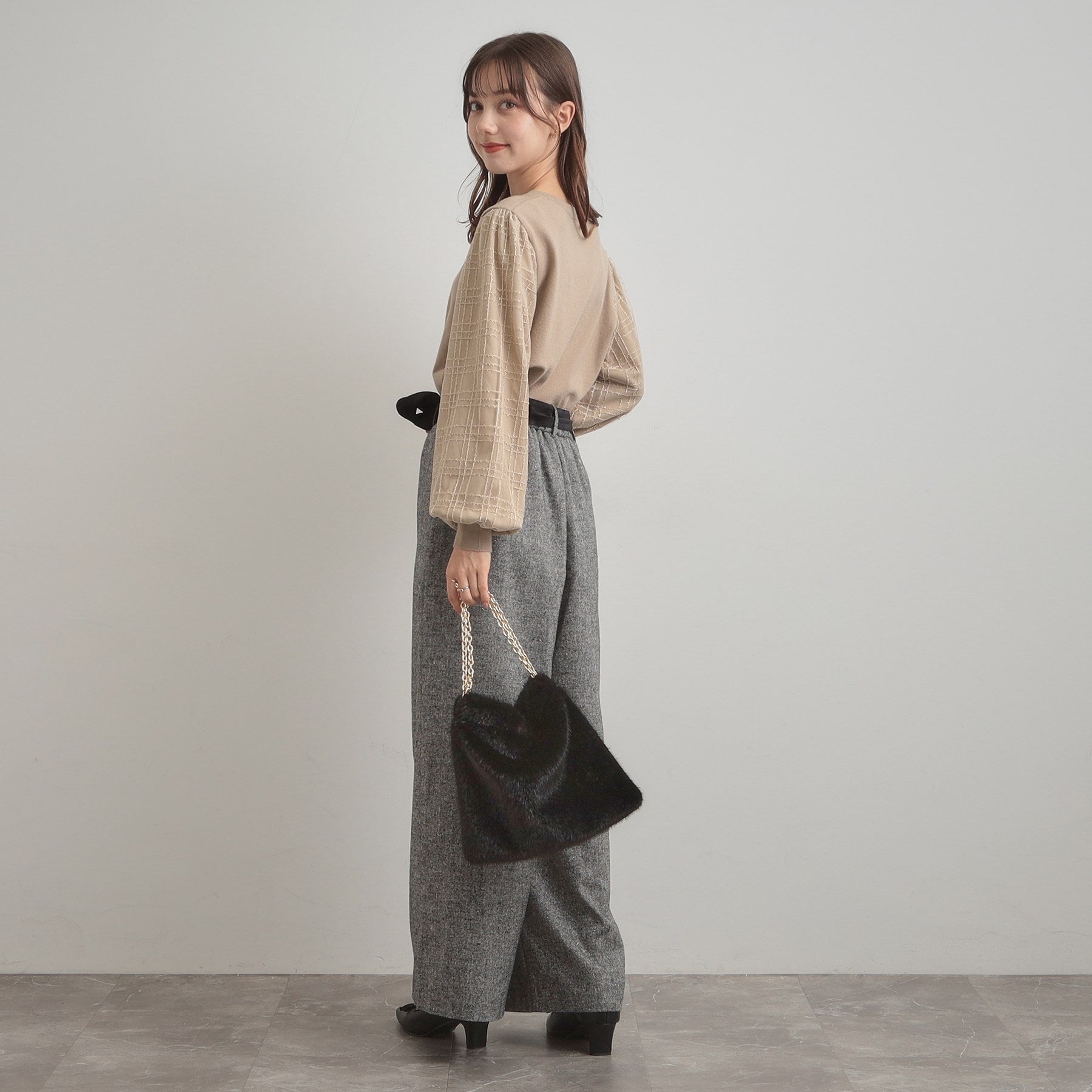 クチュール ブローチ Couture Brooch 袖チェックチュールドッキングニット （ピンクベージュ(053)） ピンクベージュ(053)