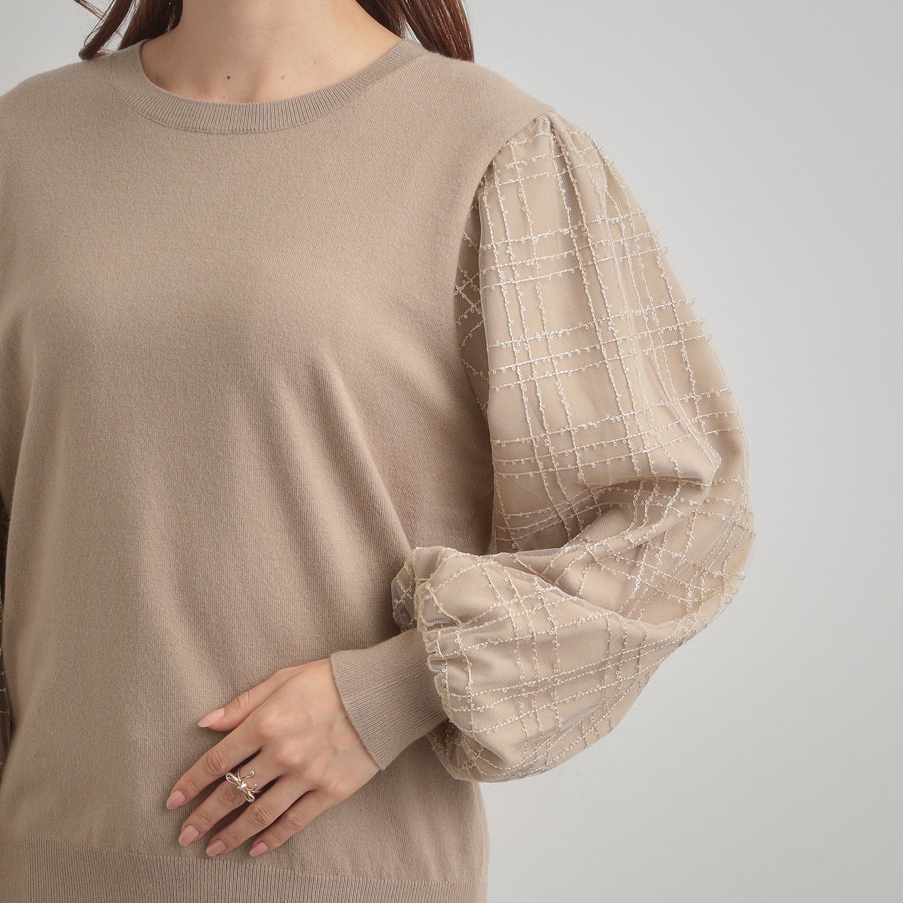 クチュール ブローチ Couture Brooch 袖チェックチュールドッキングニット （ピンクベージュ(053)） ピンクベージュ(053)