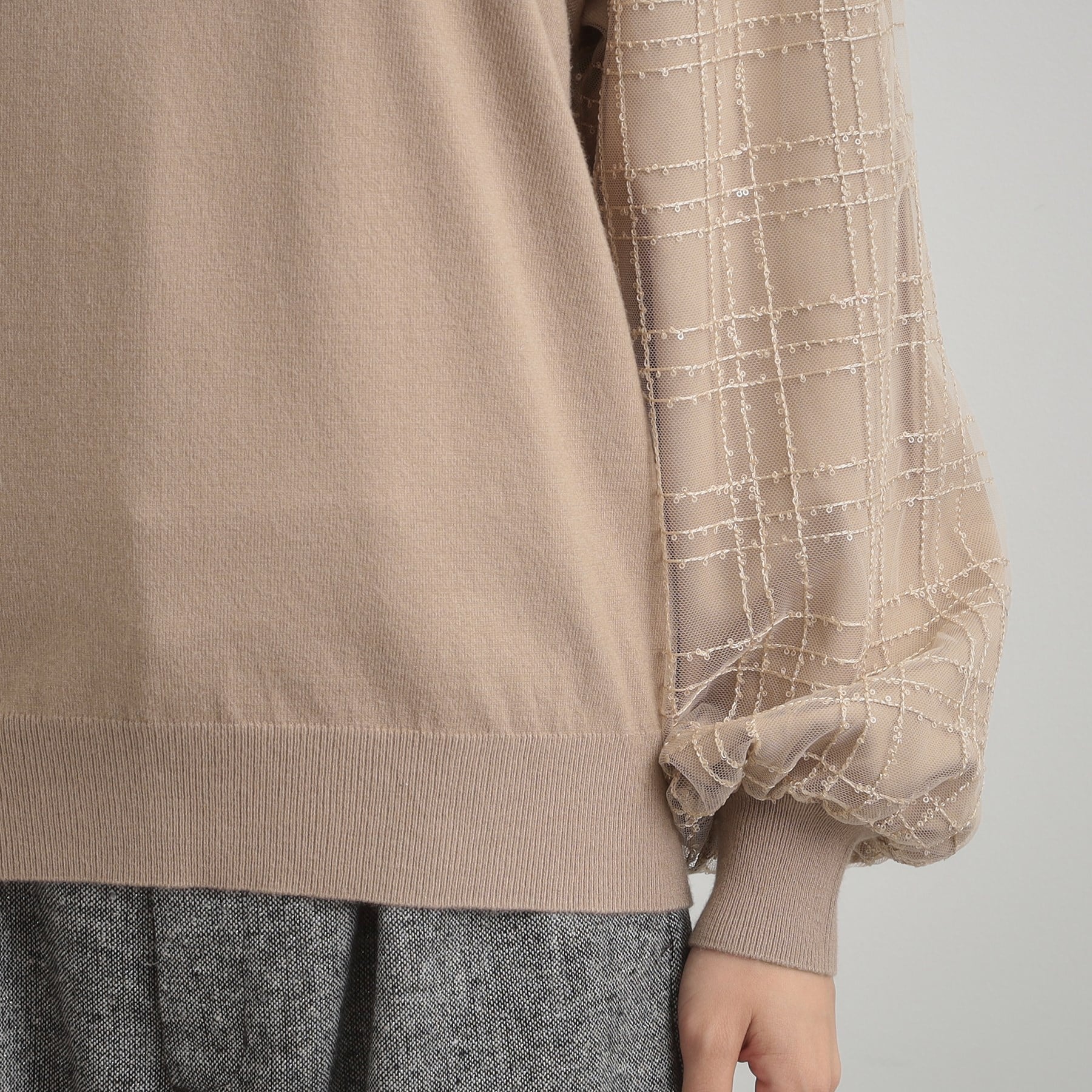 クチュール ブローチ Couture Brooch 袖チェックチュールドッキングニット （ピンクベージュ(053)） ピンクベージュ(053)