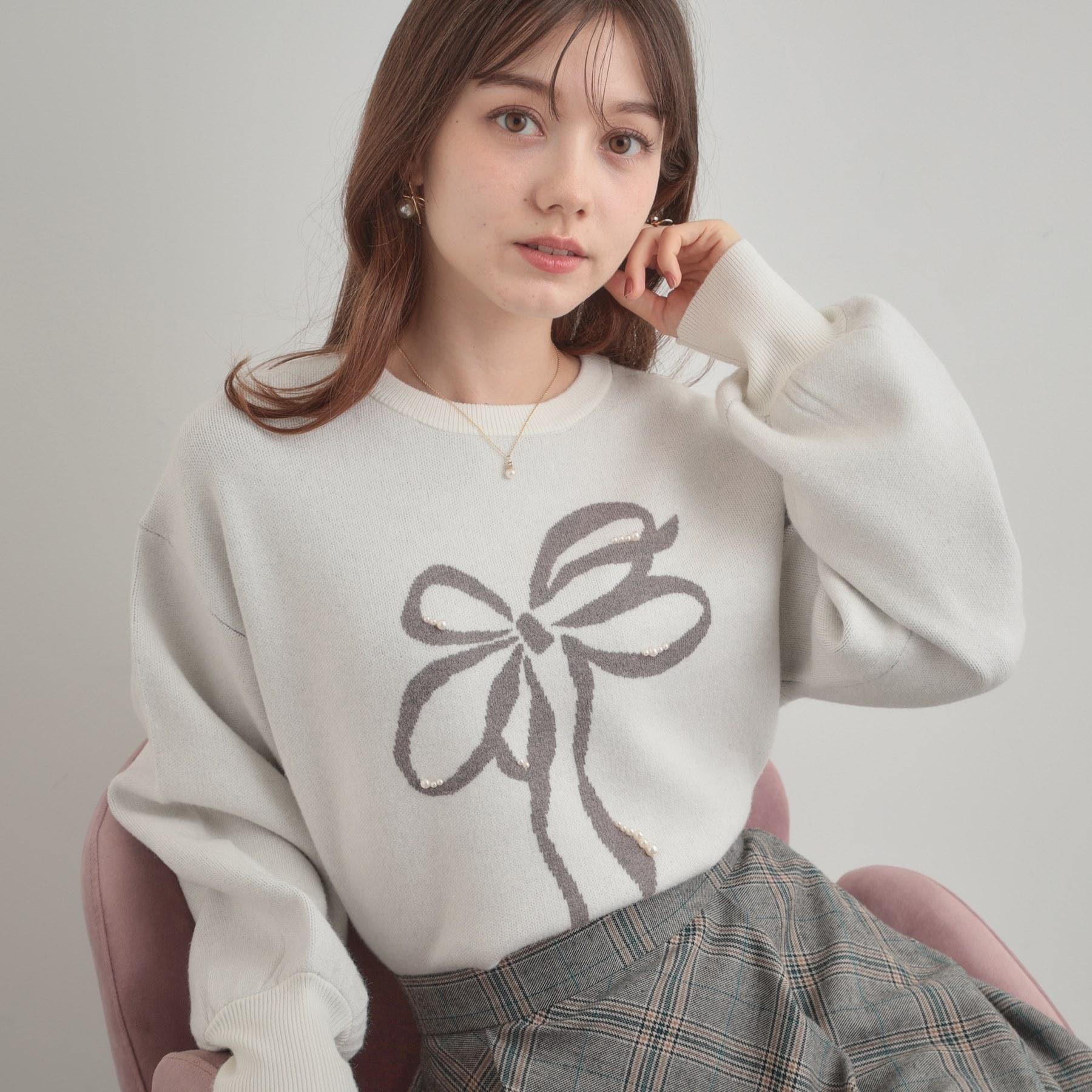 クチュール ブローチ Couture Brooch リボンジャガードニットトップス （オフホワイト(103)） オフホワイト(103)