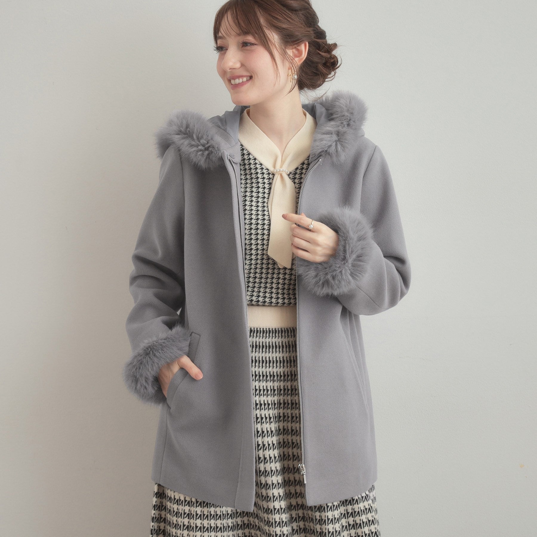 クチュール ブローチ Couture Brooch フードファーハーフ丈コート （モカブラウン(042)） モカブラウン(042)