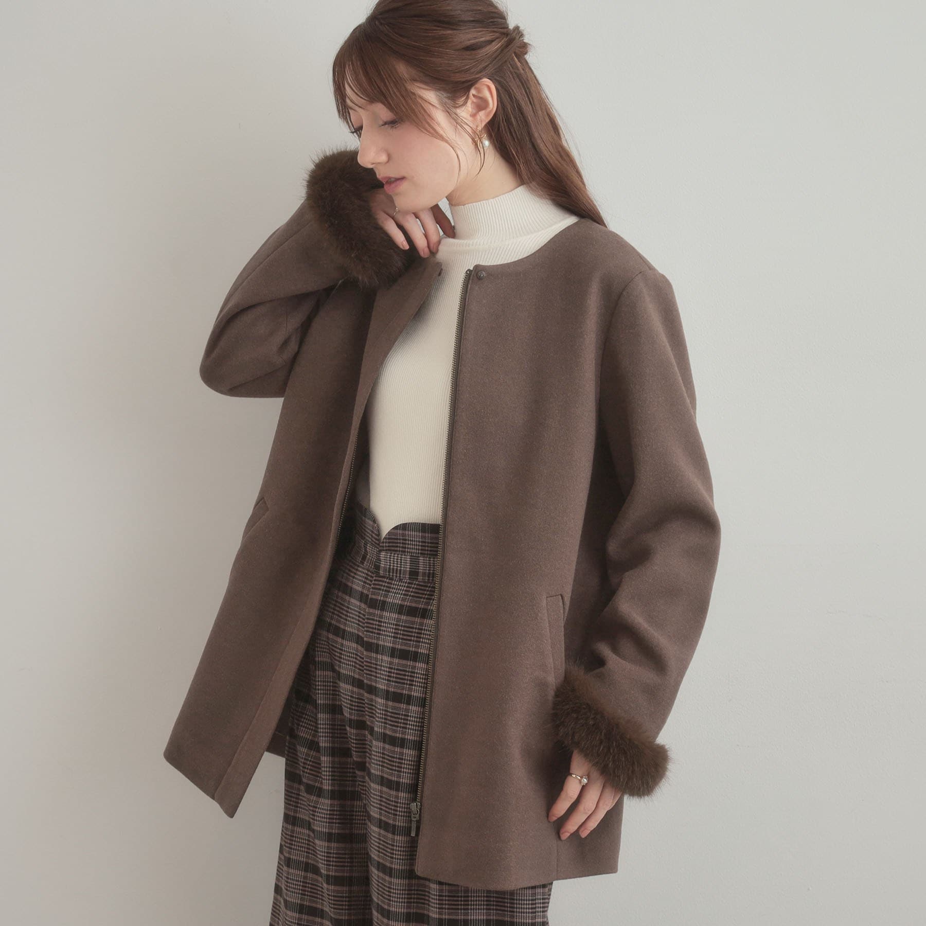 クチュール ブローチ Couture Brooch フードファーハーフ丈コート （モカブラウン(042)） モカブラウン(042)