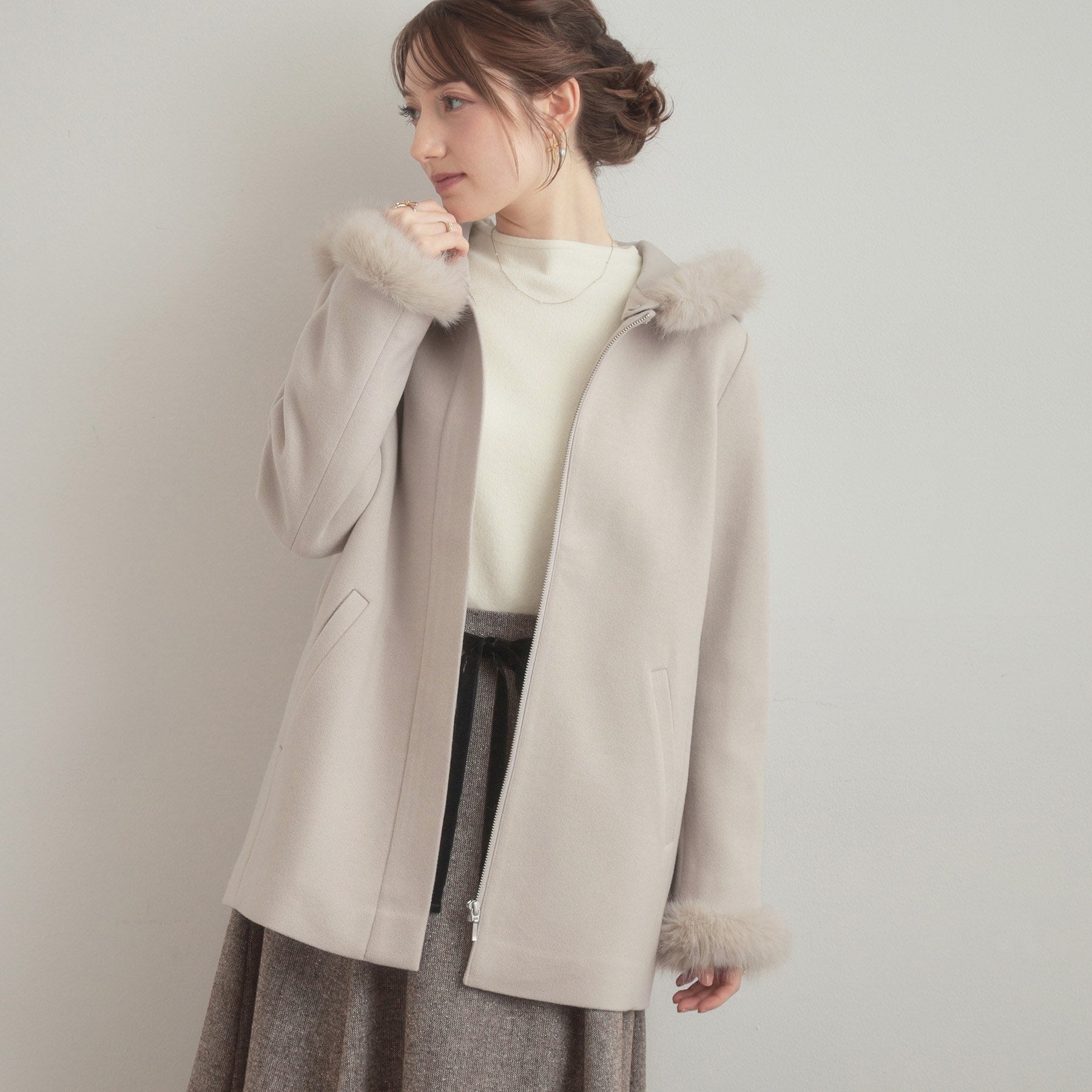 クチュール ブローチ Couture Brooch フードファーハーフ丈コート （モカブラウン(042)） モカブラウン(042)