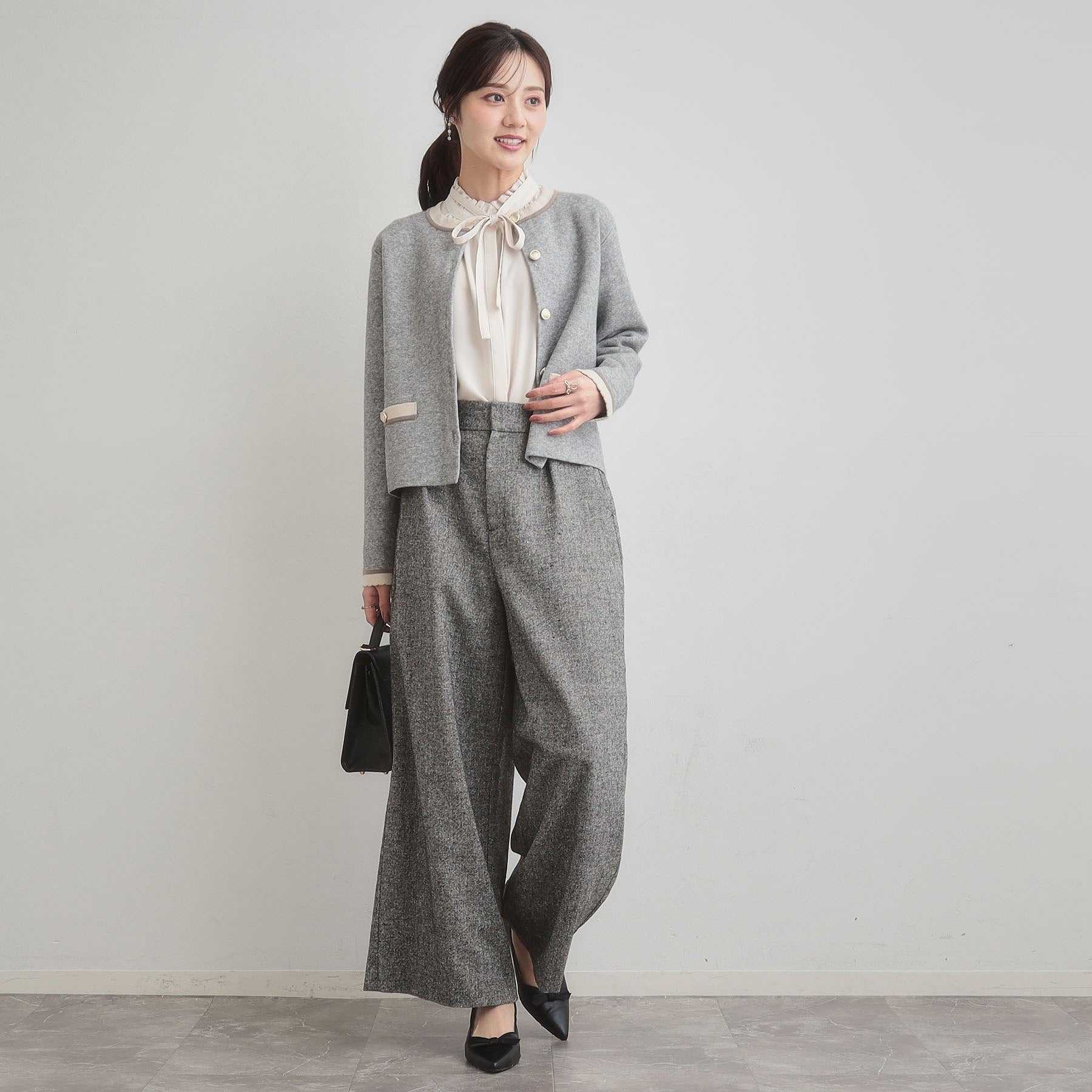 クチュール ブローチ Couture Brooch 【通勤・大人上品】ムースタッチジャカード 配色スカラカーディ （ブラック(019)） ブラック(019)