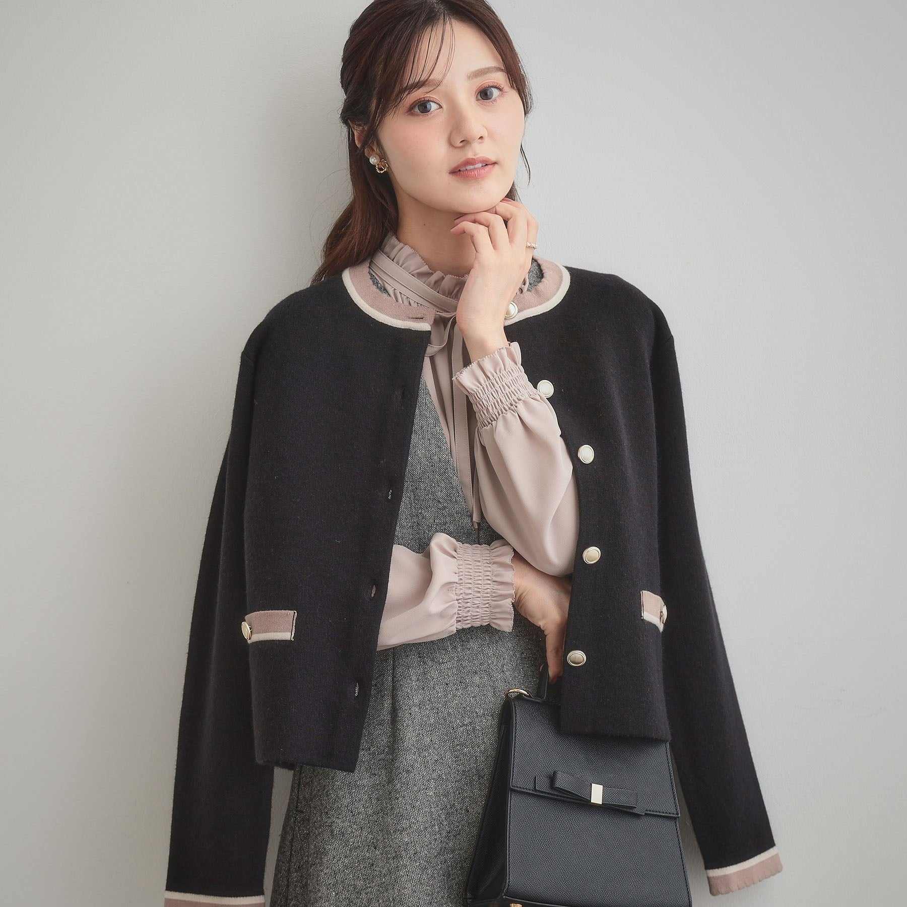 クチュール ブローチ Couture Brooch 【通勤・大人上品】ムースタッチジャカード 配色スカラカーディ （ブラック(019)） ブラック(019)