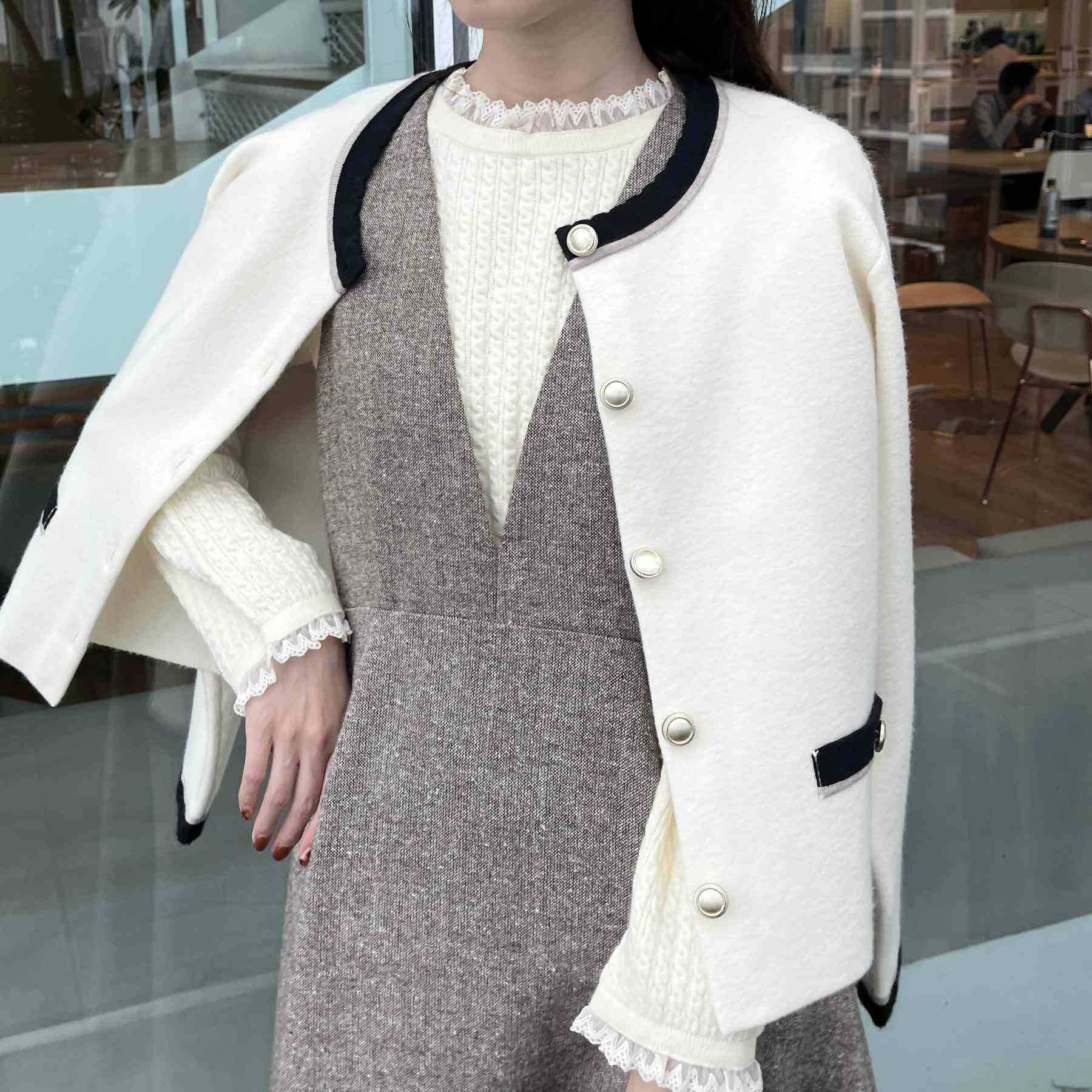 クチュール ブローチ Couture Brooch 【通勤・大人上品】ムースタッチジャカード 配色スカラカーディ （ブラック(019)） ブラック(019)