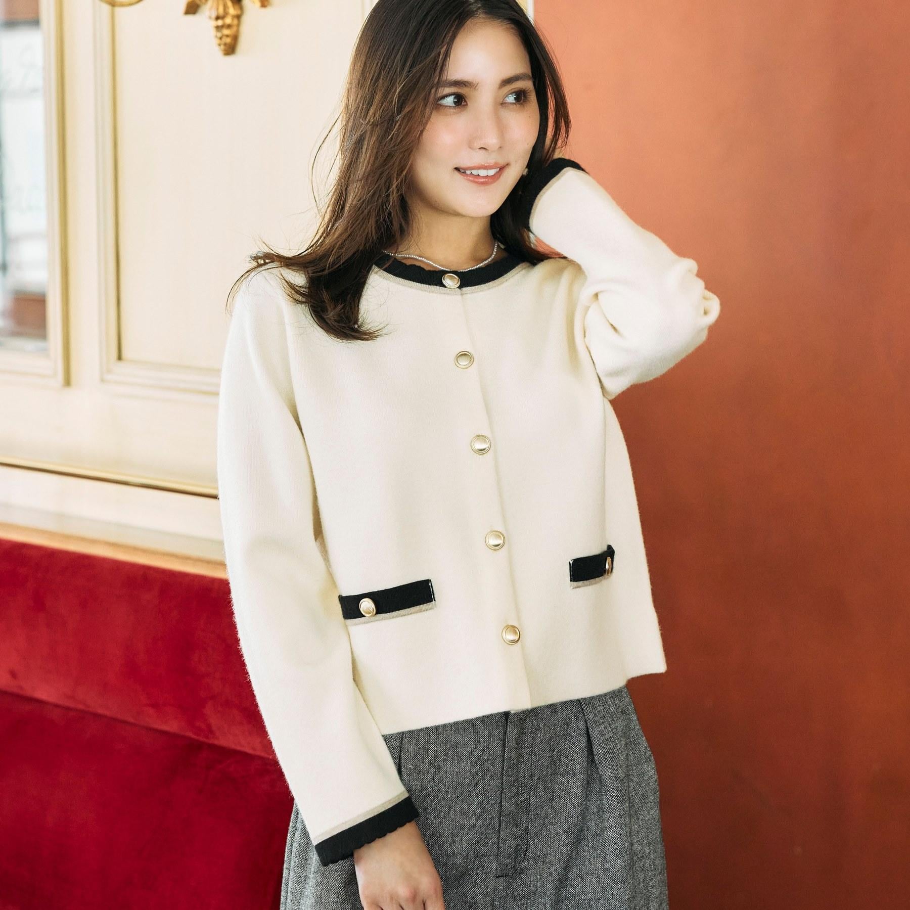 クチュール ブローチ Couture Brooch 【通勤・大人上品】ムースタッチジャカード 配色スカラカーディ （アイボリー(004)） アイボリー(004)