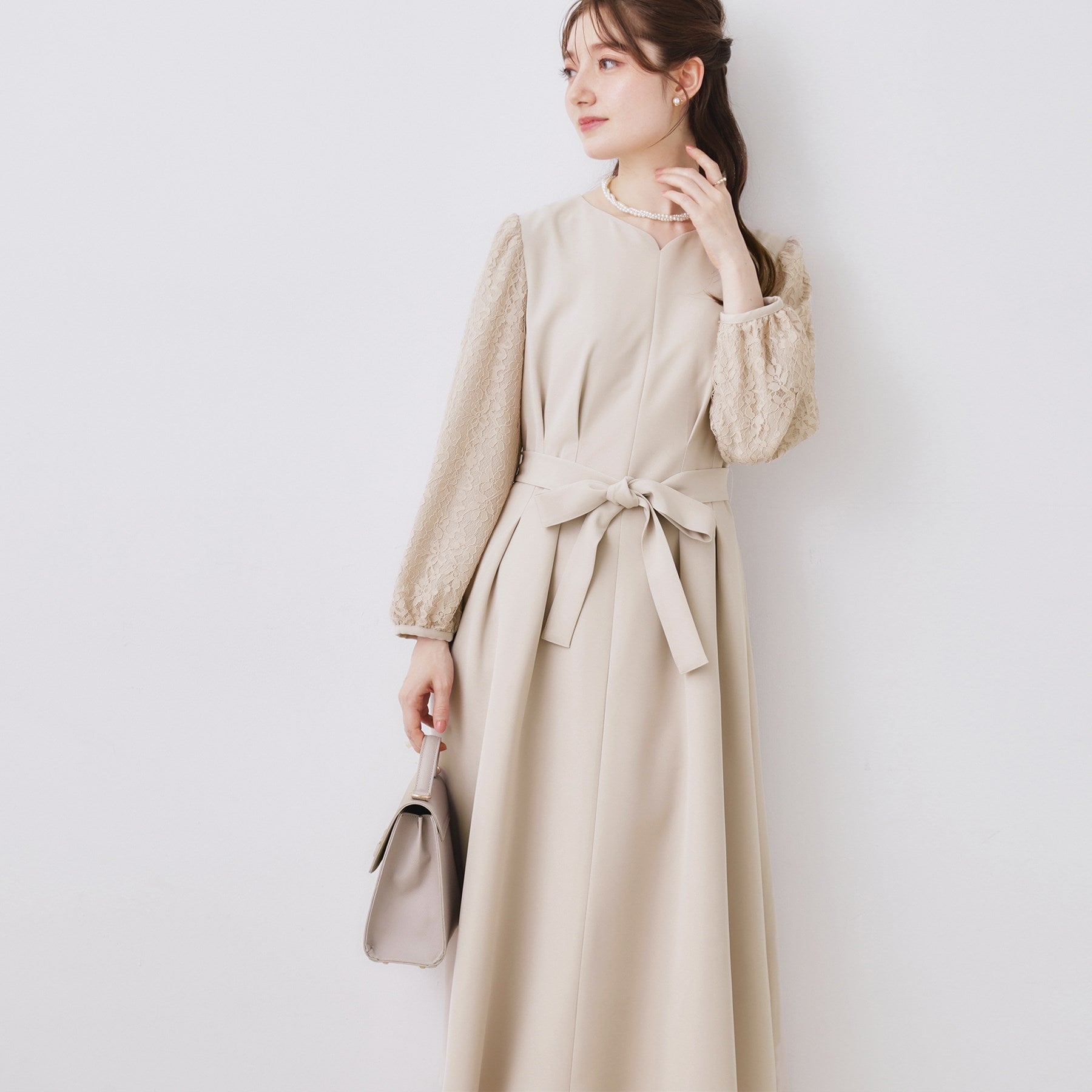 クチュール ブローチ Couture Brooch レース袖タックフレアワンピース （ピンクベージュ(053)） ピンクベージュ(053)