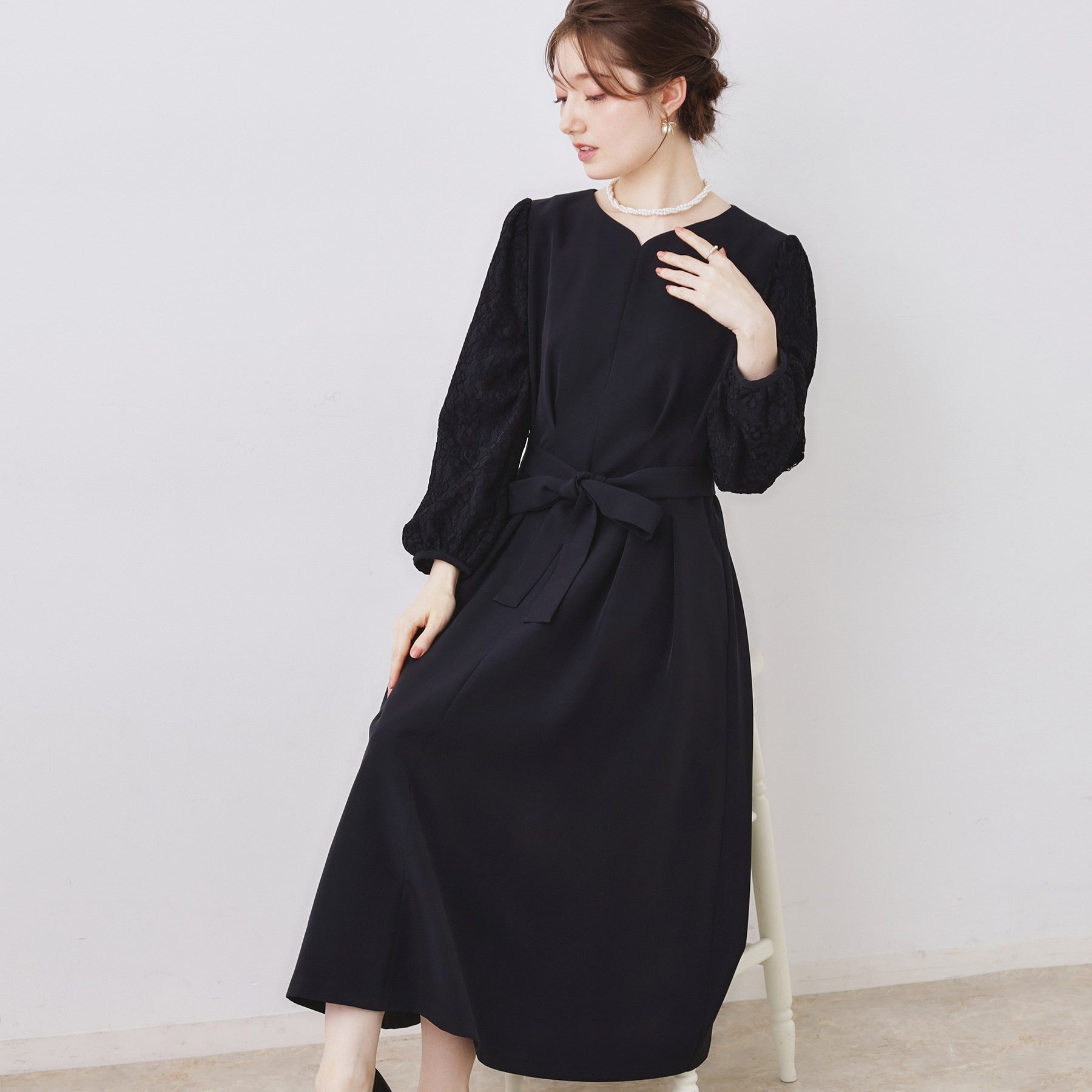 クチュール ブローチ Couture Brooch レース袖タックフレアワンピース （ネイビー(094)） ネイビー(094)