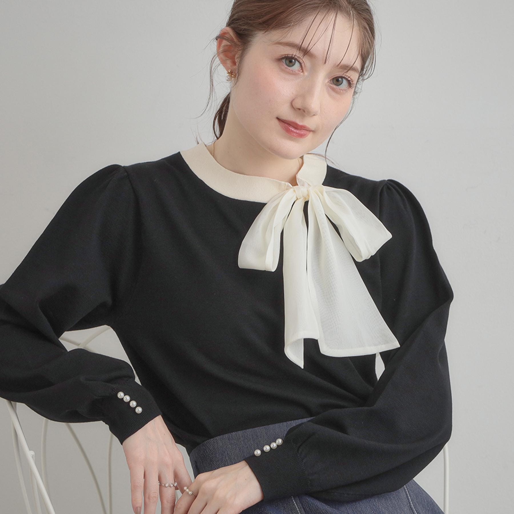 クチュール ブローチ Couture Brooch 【洗える・着映え】オーガンジーリボンタイ ニット （ピンク(071)） ピンク(071)