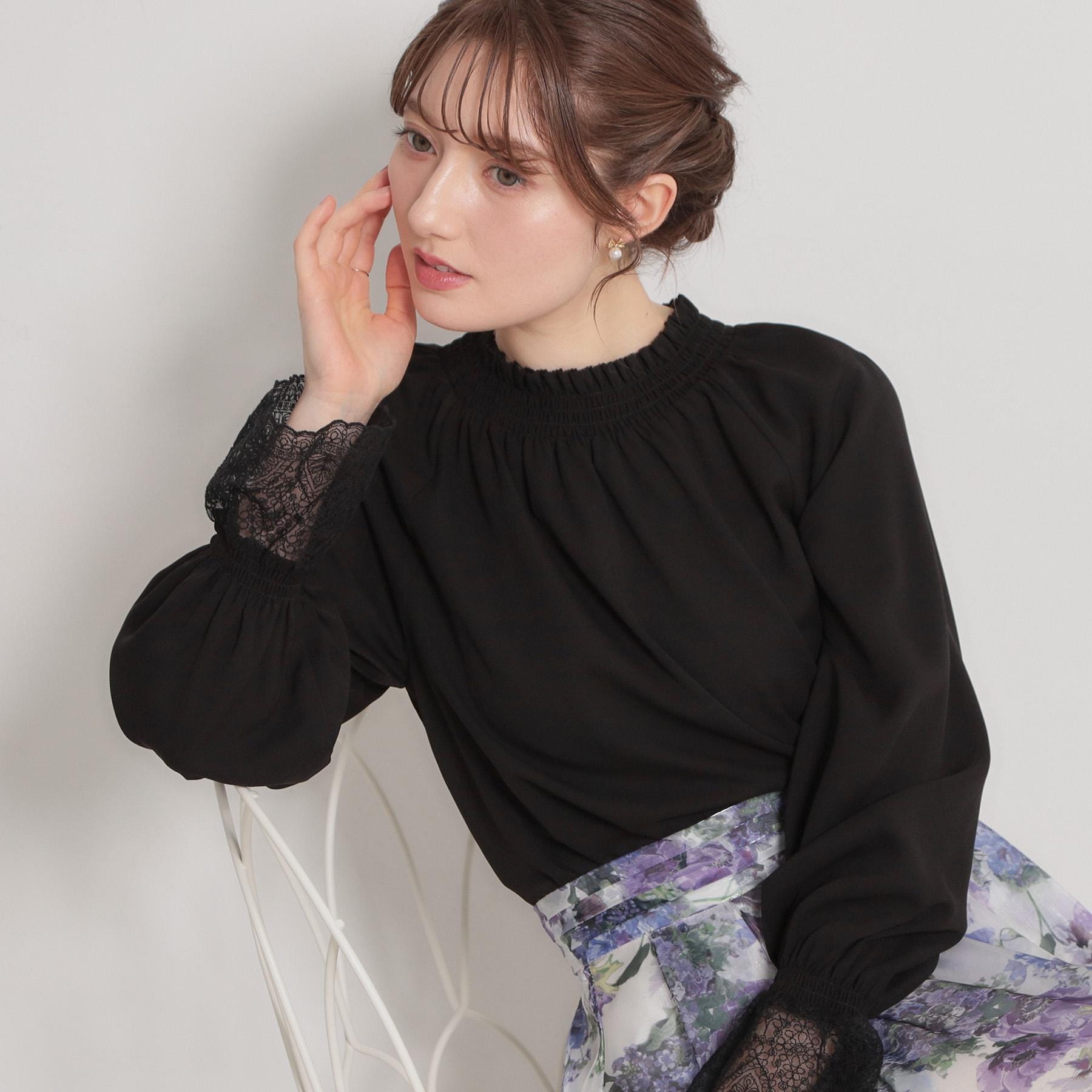 クチュール ブローチ Couture Brooch レースカフスピコシャーリングバックリボンブラウス （ブラック(019)） ブラック(019)