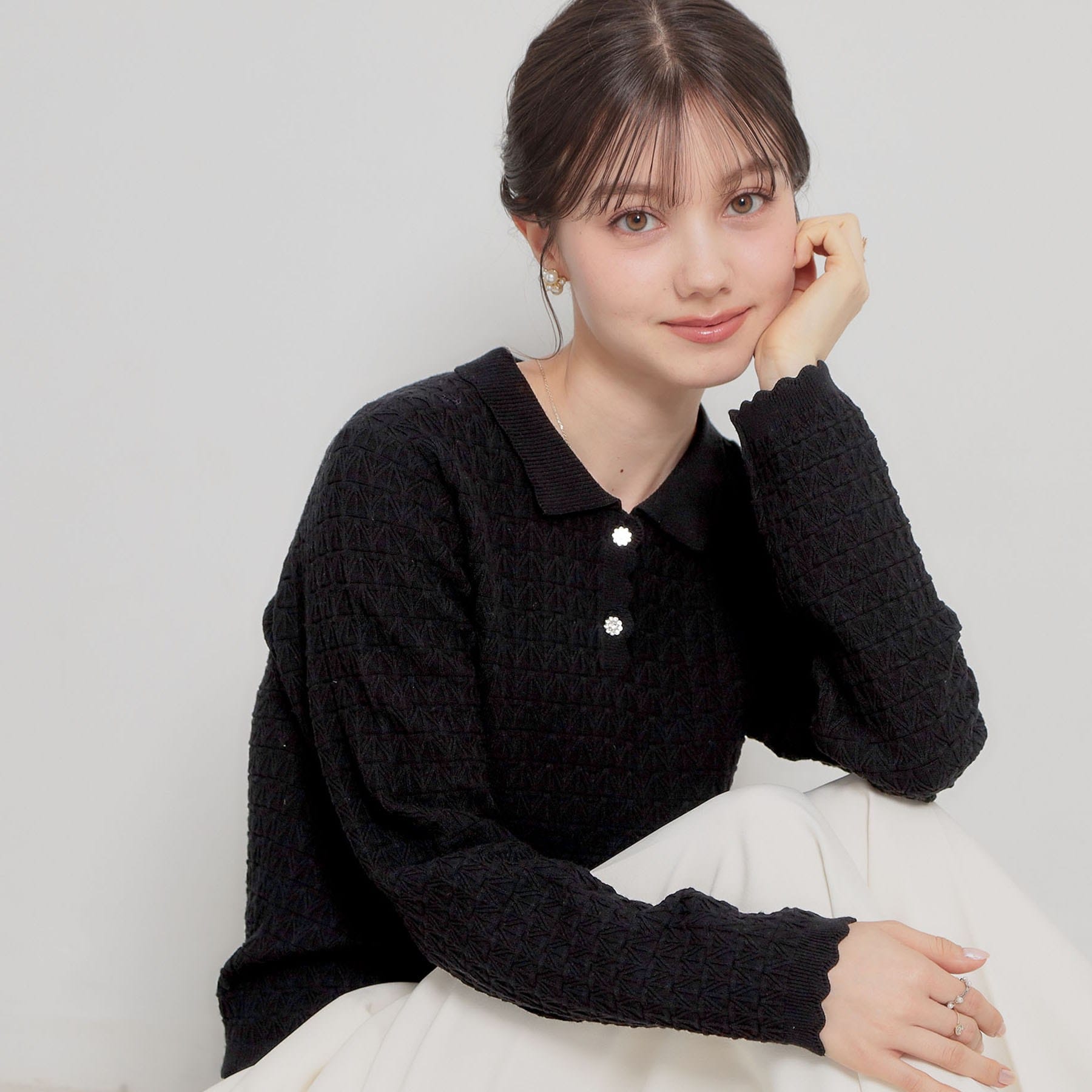 クチュール ブローチ Couture Brooch ビジュー釦ポロニット （ブラック(019)） ブラック(019)