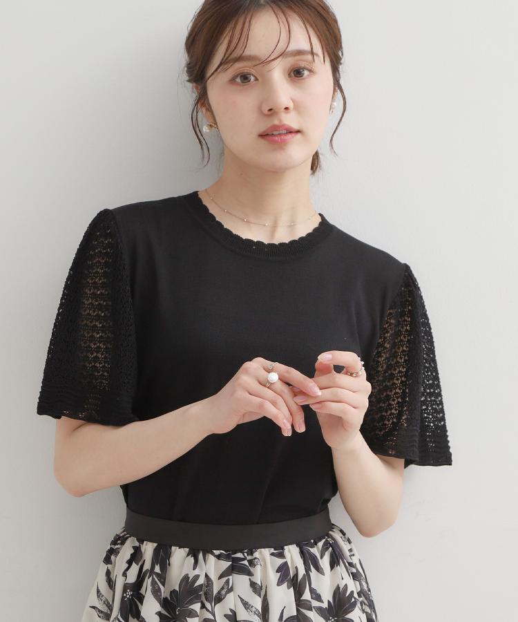 クチュール ブローチ Couture Brooch 透かしフレアー袖ニットトップス （ブラック(019)） ブラック(019)