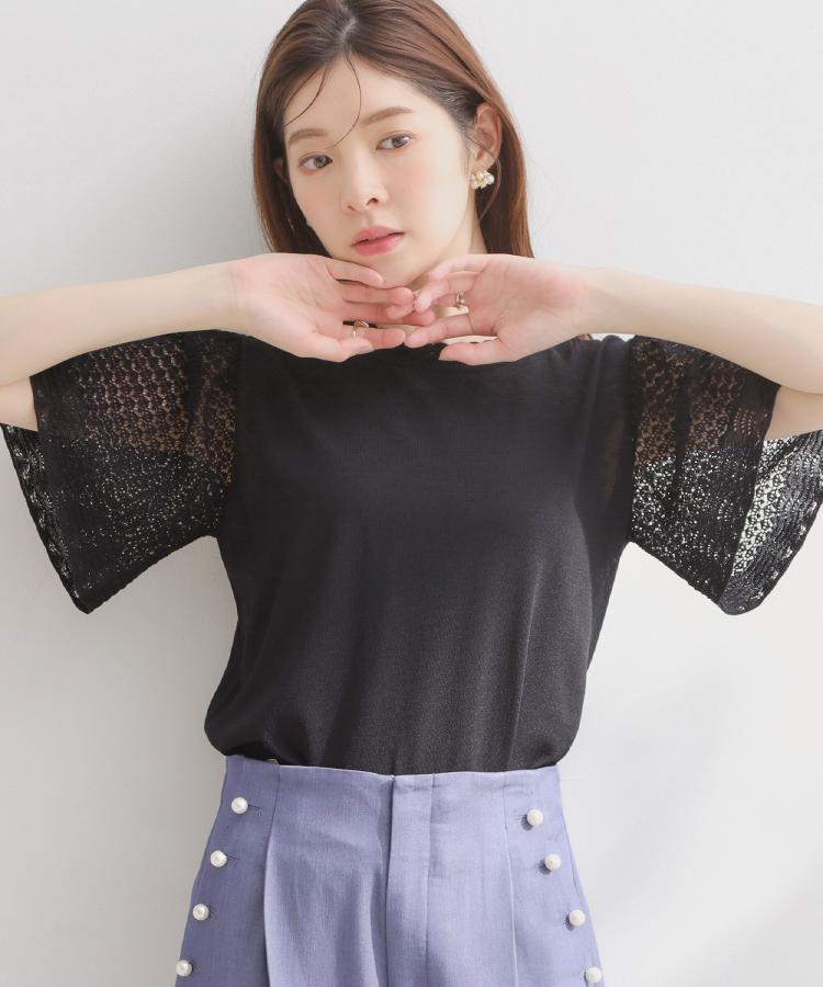クチュール ブローチ Couture Brooch 透かしフレアー袖ニットトップス （ブラック(019)） ブラック(019)