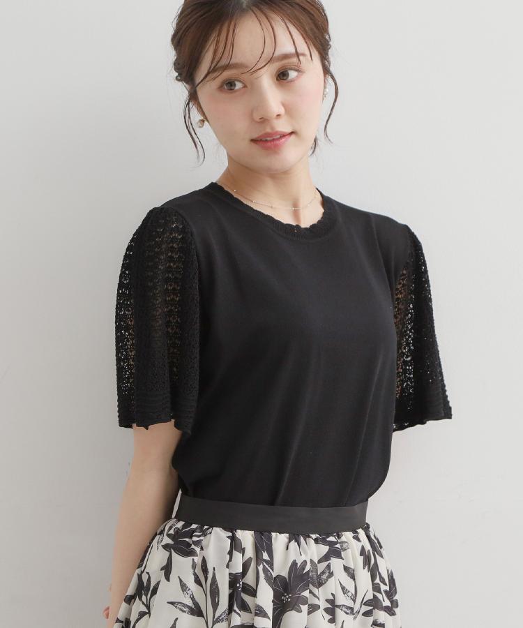 クチュール ブローチ Couture Brooch 透かしフレアー袖ニットトップス （ブラック(019)） ブラック(019)
