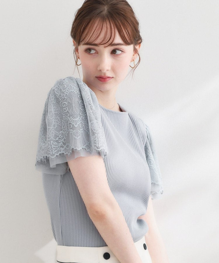 クチュール ブローチ Couture Brooch 【洗える】袖レース テレコトップス （サックスブルー(090)） サックスブルー(090)