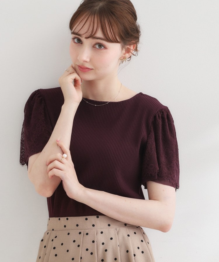 クチュール ブローチ Couture Brooch 【洗える】袖レース テレコトップス （ボルドー(064)） ボルドー(064)