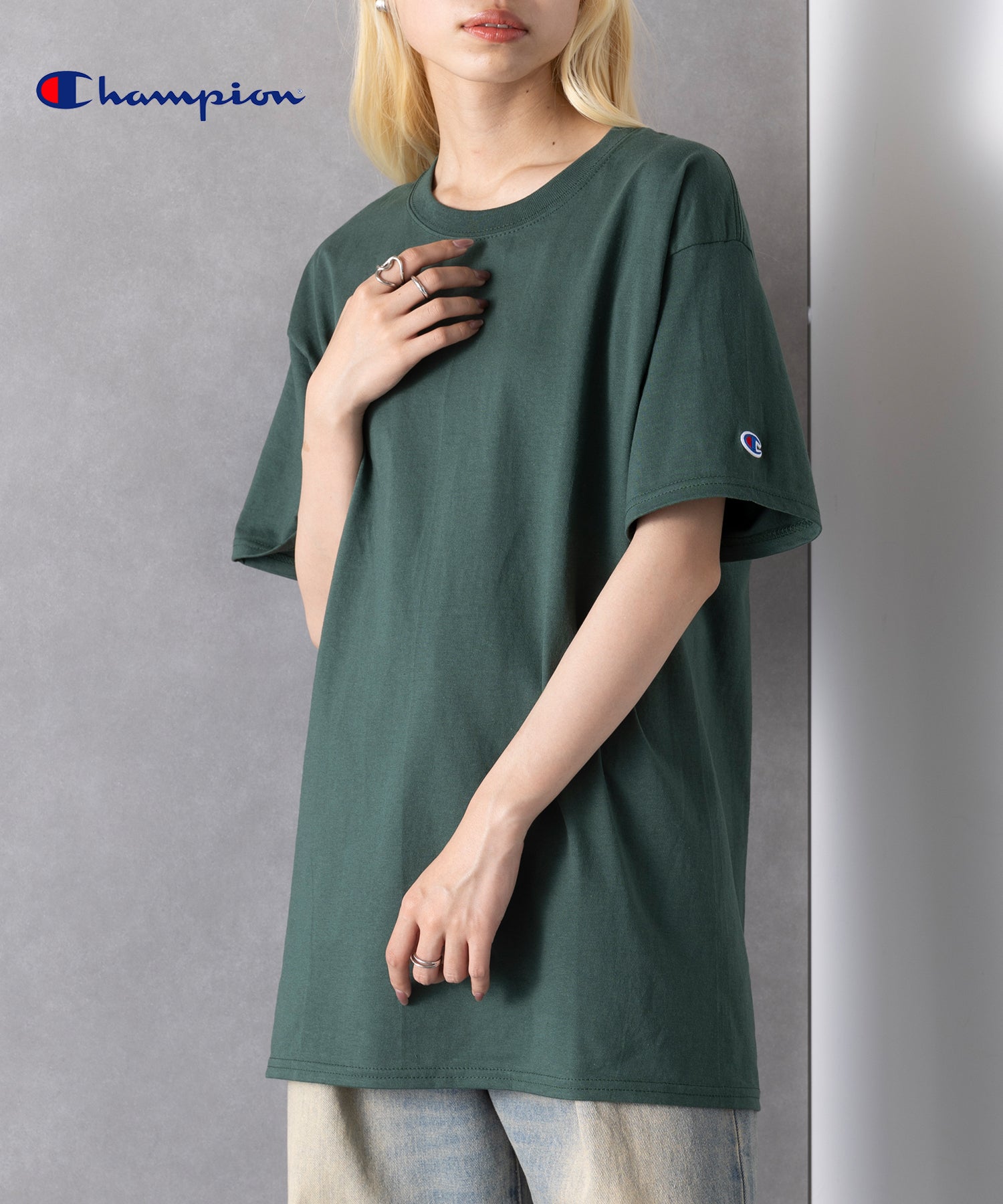 チャンピオン Champion 5.2オンス トップス Tシャツ 半袖 ワンポイント 無地 刺繍 コットン100% クルーネック シンプル T425 （D.GRN） D.GRN