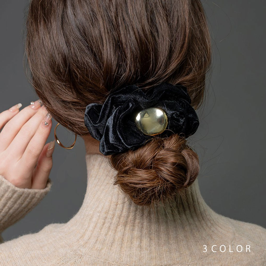 クリームドット Cream dot. ニュアンスメタル艶めく大人色ベロアシュシュ （ワンサイズ：ブラック） ワンサイズ：ブラック