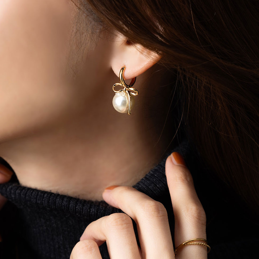 クリームドット Cream dot. 大人に似合うパール＆リボンモチーフのフープピアス （ピアス：ピンクゴールド） ピアス：ピンクゴールド