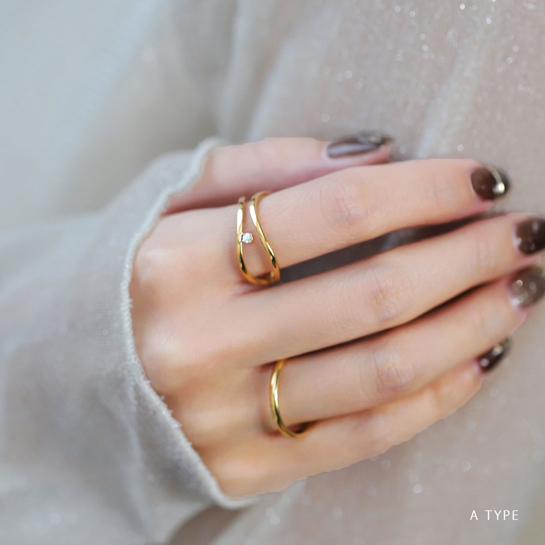 クリームドット Cream dot. ビジュー付きダブルウェーブラインの3TYPEステンレス製リング （Bタイプ） Bタイプ