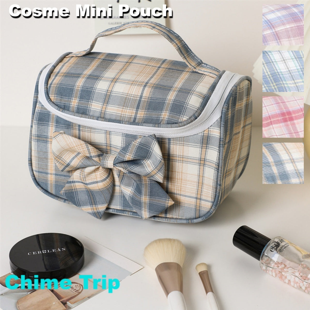 チャイムトリップ Chime Trip チェック柄 化粧品ポーチ 女性用 旅行 化粧ポーチ かわいい リボン 大容量 トラベルバッグ 小物入れ おしゃれ メイクボックス
