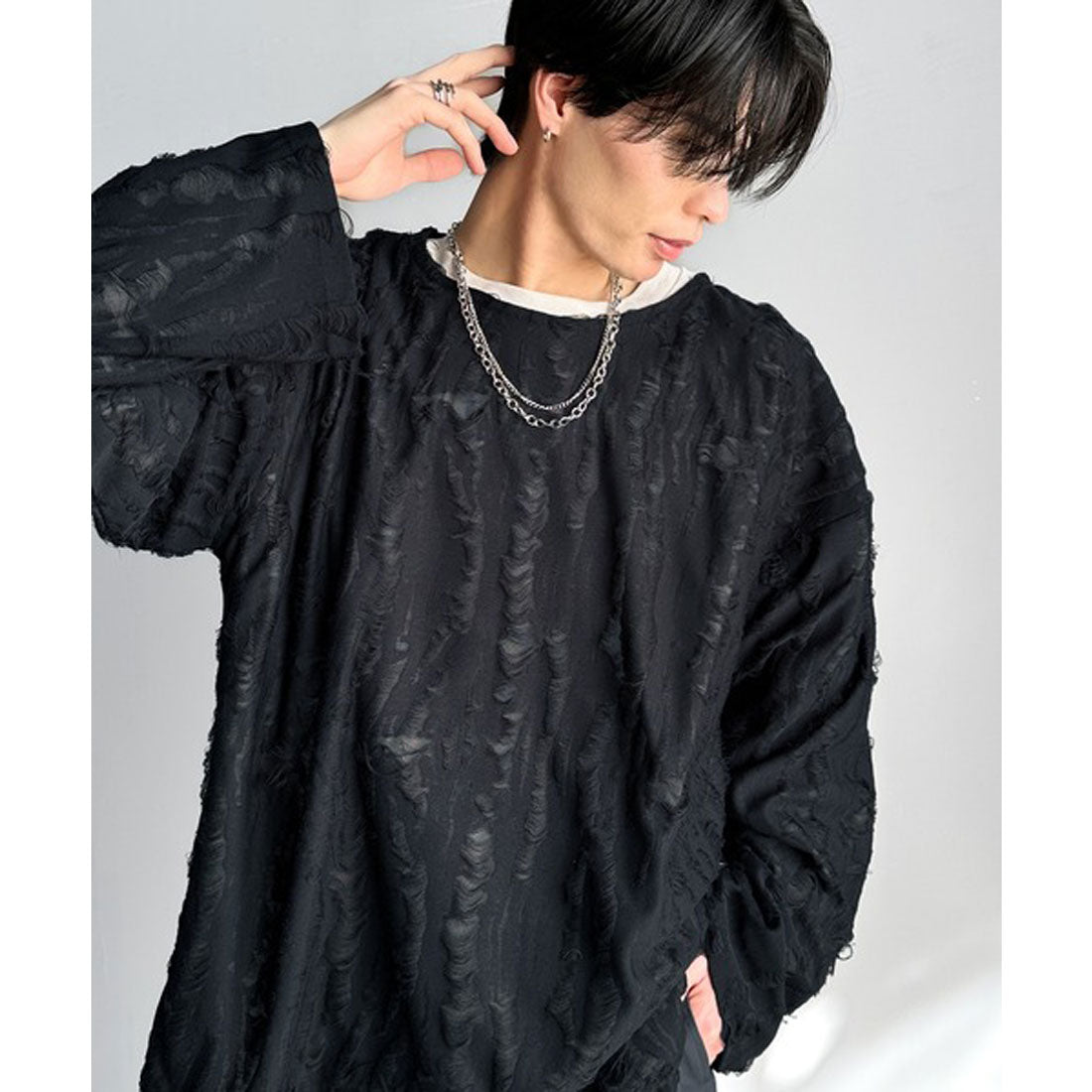 クラシカルエルフ Classical Elf グランジを楽しむ旬スタイル。ダメージ加工ビッグシルエットジャカードカットソーTシャツ（長袖） （ブラック） ブラック