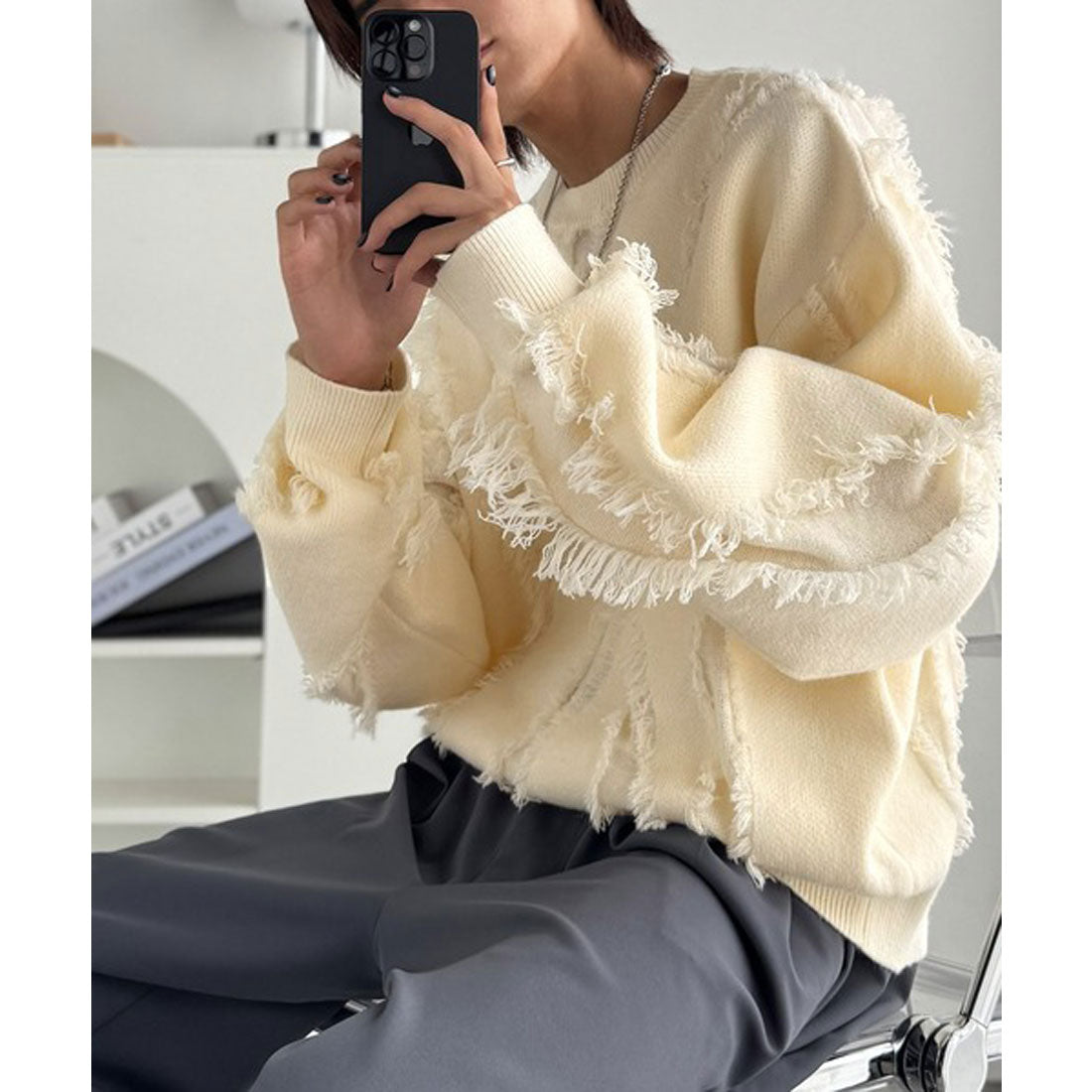 クラシカルエルフ Classical Elf 【classical origin】着るだけ、印象。フリンジデザイン配色オーバーサイズニット（長袖） （アイボリー） アイボリー