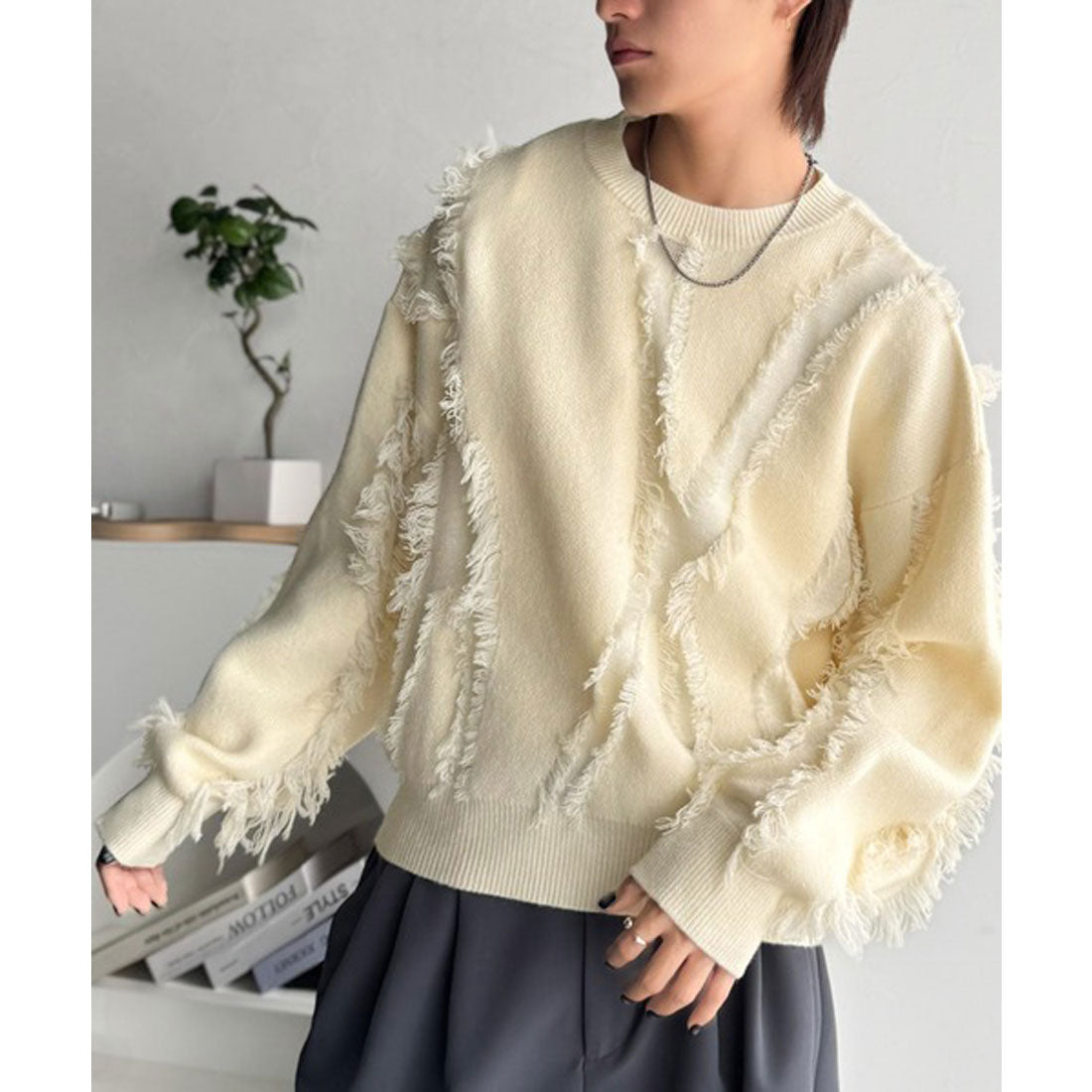 クラシカルエルフ Classical Elf 【classical origin】着るだけ、印象。フリンジデザイン配色オーバーサイズニット（長袖） （アイボリー） アイボリー