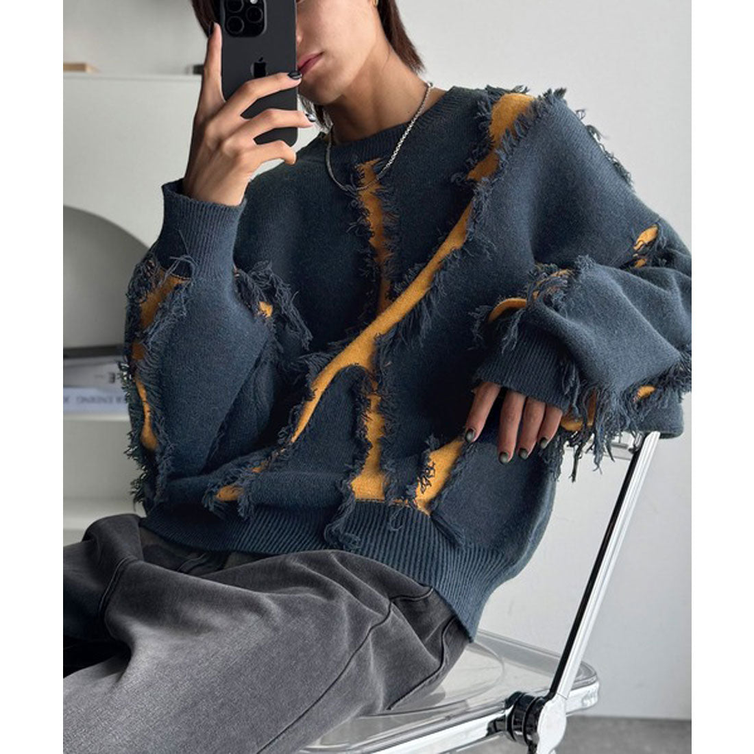 クラシカルエルフ Classical Elf 【classical origin】着るだけ、印象。フリンジデザイン配色オーバーサイズニット（長袖） （アイボリー） アイボリー