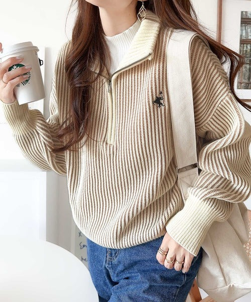 クラシカルエルフ Classical Elf お洒落な配色でワンランク上の秋冬コーデ。胸刺繍バイカラーリブニットハーフジッププルオーバー