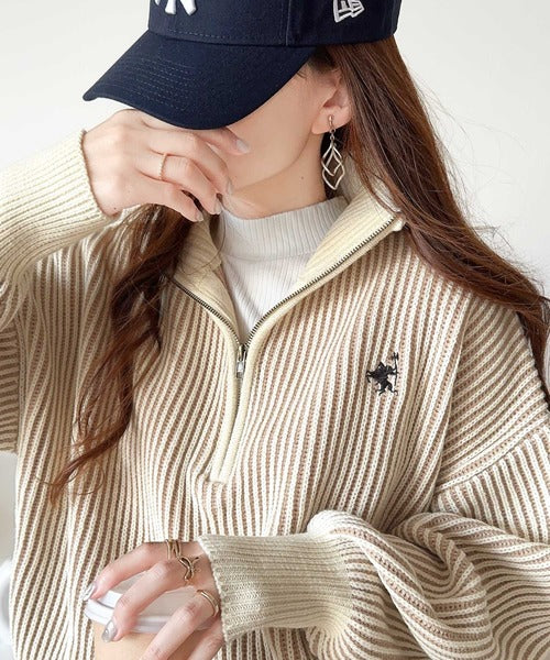 クラシカルエルフ Classical Elf お洒落な配色でワンランク上の秋冬コーデ。胸刺繍バイカラーリブニットハーフジッププルオーバー