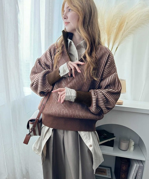 クラシカルエルフ Classical Elf お洒落な配色でワンランク上の秋冬コーデ。胸刺繍バイカラーリブニットハーフジッププルオーバー