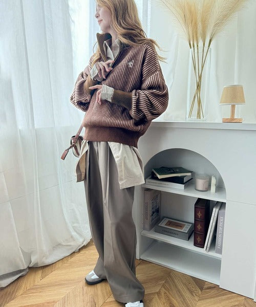 クラシカルエルフ Classical Elf お洒落な配色でワンランク上の秋冬コーデ。胸刺繍バイカラーリブニットハーフジッププルオーバー