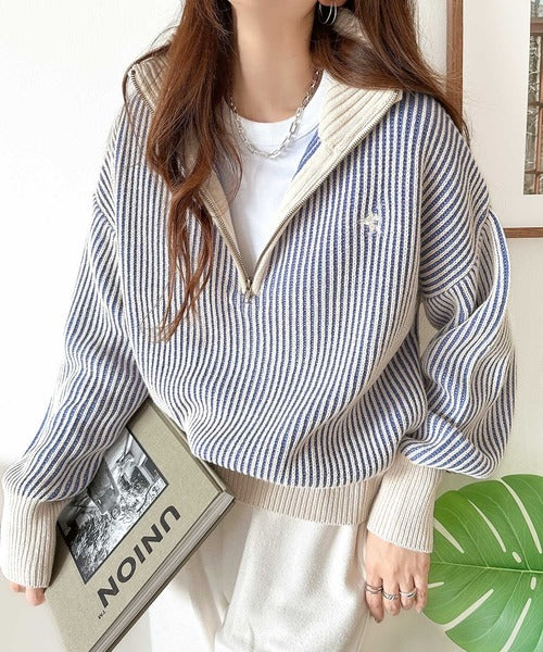 クラシカルエルフ Classical Elf お洒落な配色でワンランク上の秋冬コーデ。胸刺繍バイカラーリブニットハーフジッププルオーバー