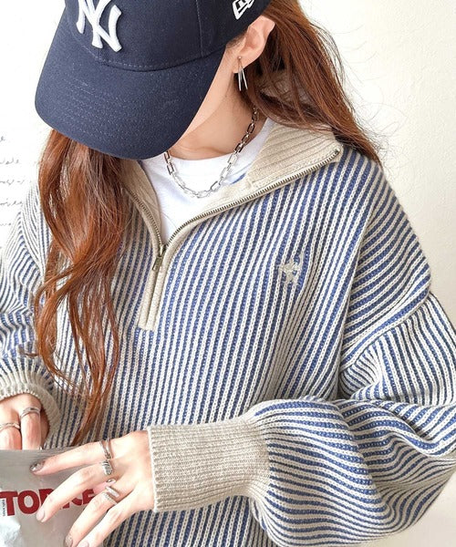 クラシカルエルフ Classical Elf お洒落な配色でワンランク上の秋冬コーデ。胸刺繍バイカラーリブニットハーフジッププルオーバー