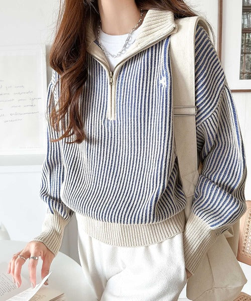 クラシカルエルフ Classical Elf お洒落な配色でワンランク上の秋冬コーデ。胸刺繍バイカラーリブニットハーフジッププルオーバー