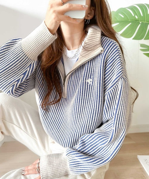 クラシカルエルフ Classical Elf お洒落な配色でワンランク上の秋冬コーデ。胸刺繍バイカラーリブニットハーフジッププルオーバー