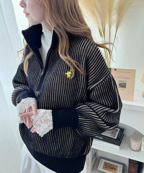 クラシカルエルフ Classical Elf お洒落な配色でワンランク上の秋冬コーデ。胸刺繍バイカラーリブニットハーフジッププルオーバー