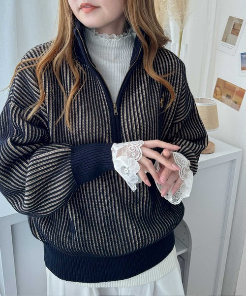 クラシカルエルフ Classical Elf お洒落な配色でワンランク上の秋冬コーデ。胸刺繍バイカラーリブニットハーフジッププルオーバー