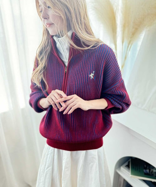 クラシカルエルフ Classical Elf お洒落な配色でワンランク上の秋冬コーデ。胸刺繍バイカラーリブニットハーフジッププルオーバー