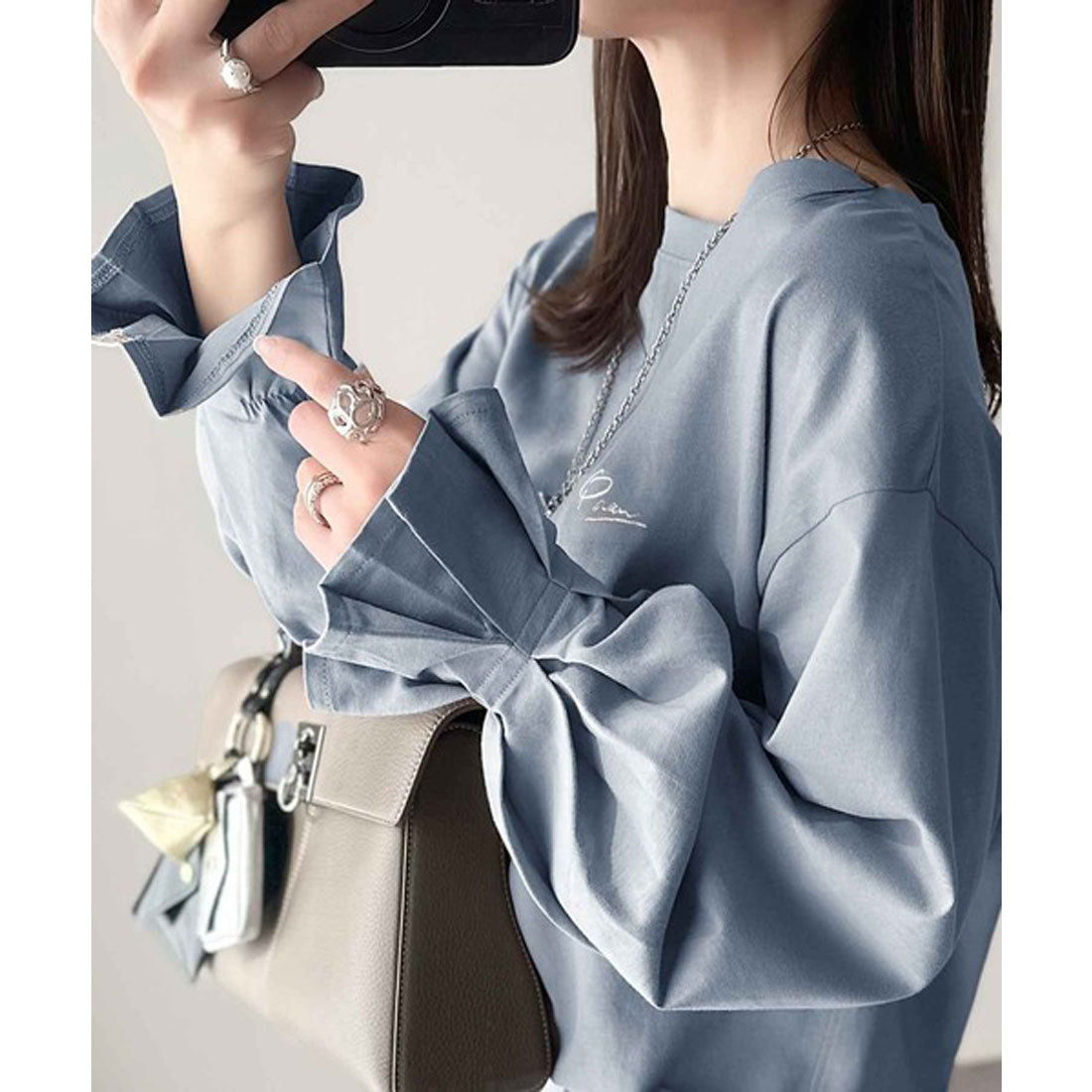 クラシカルエルフ Classical Elf 愛らしさを纏った。綿100％英字胸刺繍キャンディースリーブシルケットカットソー(長袖) （グリーン） グリーン