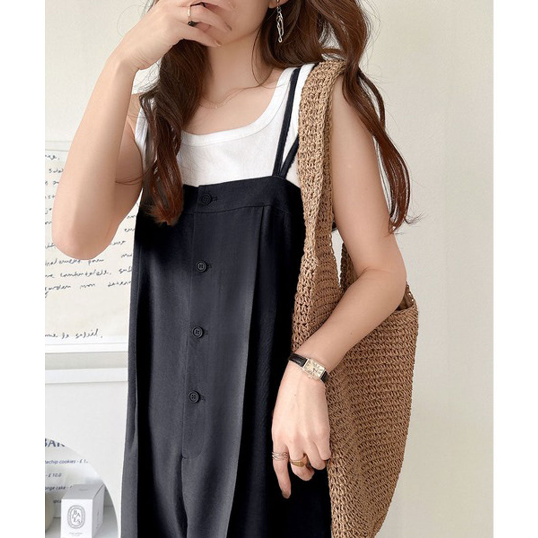 クラシカルエルフ Classical Elf 大人のこなれカジュアル。フロントボタン使いサロペットパンツ （ブラック） ブラック