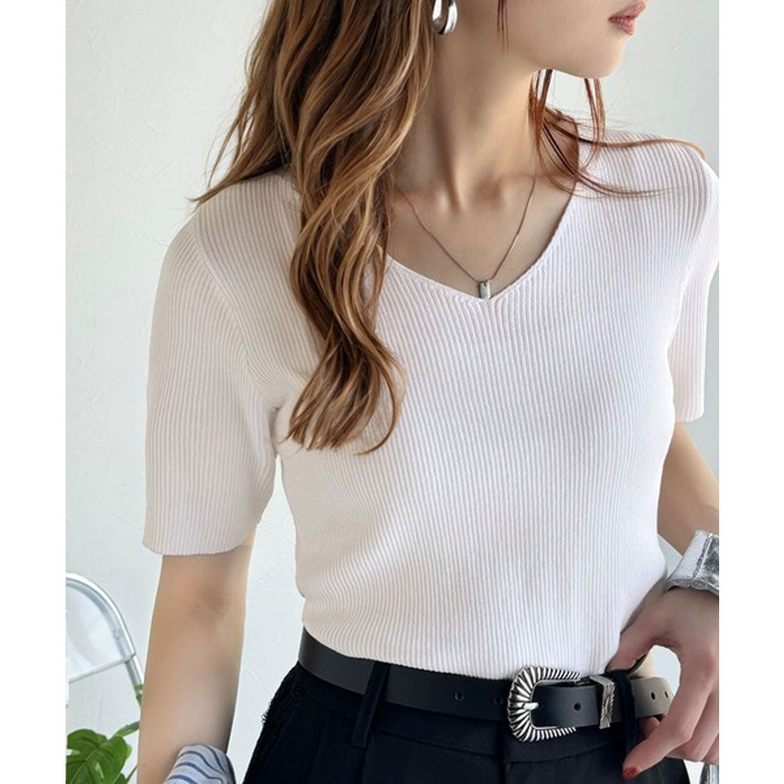 クラシカルエルフ Classical Elf 夏も快適♪Vネックハーフスリーブリブニット （オフホワイト） オフホワイト