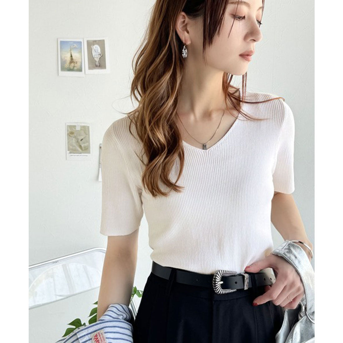 クラシカルエルフ Classical Elf 夏も快適♪Vネックハーフスリーブリブニット （オフホワイト） オフホワイト