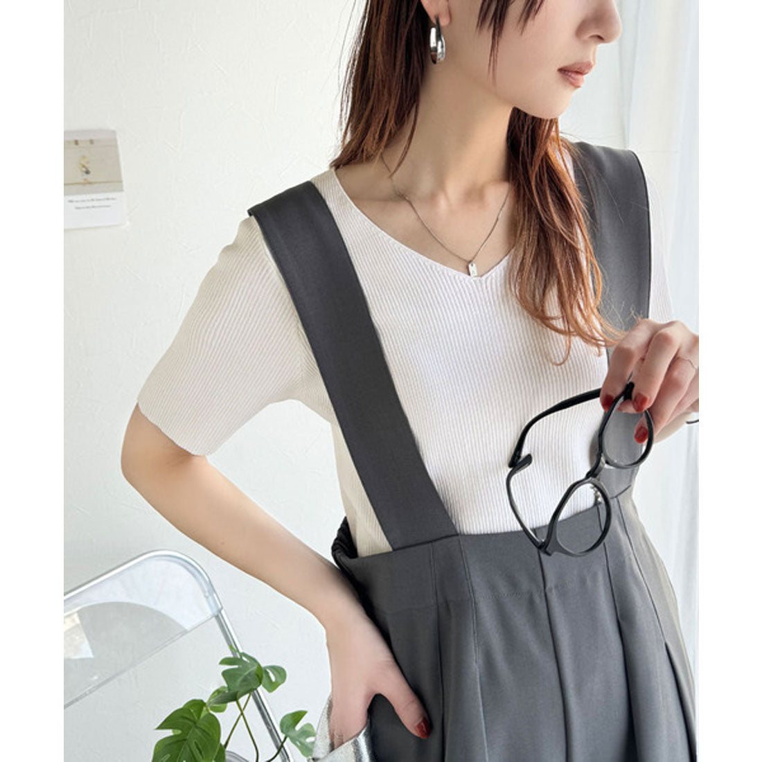 クラシカルエルフ Classical Elf 夏も快適♪Vネックハーフスリーブリブニット （オフホワイト） オフホワイト