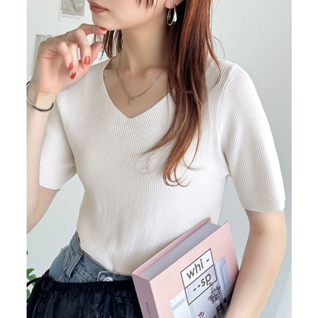 クラシカルエルフ Classical Elf 夏も快適♪Vネックハーフスリーブリブニット （オフホワイト） オフホワイト